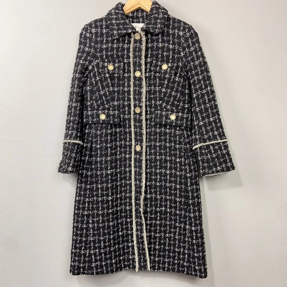 gstudio Black Tweed Long Coat Size 55 US XS-S‎ Gold Buttons Gossip Girl Glam